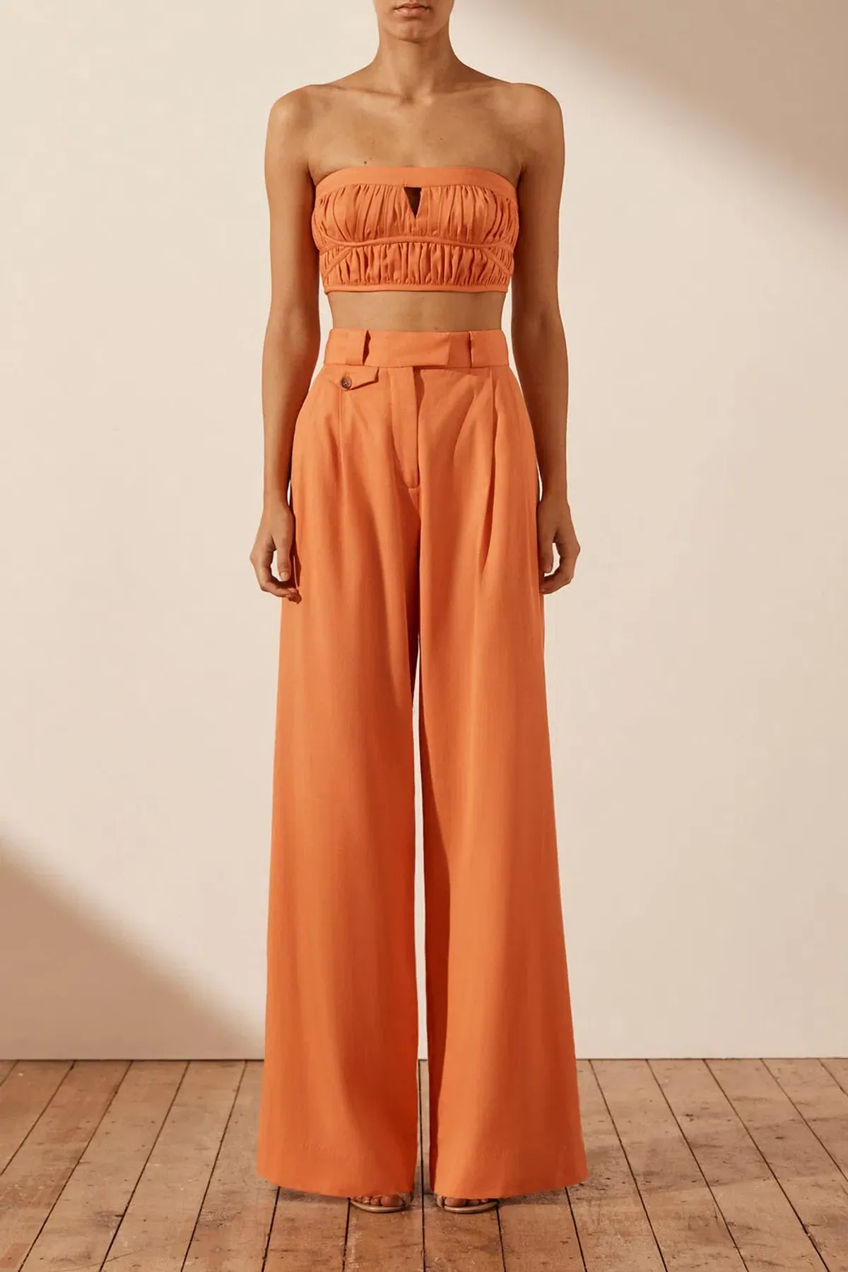 Shona Joy Sara Tailored Wide Leg Pant & Strapless Bustier Orange Size AU 10 for rent on The Volte - main image