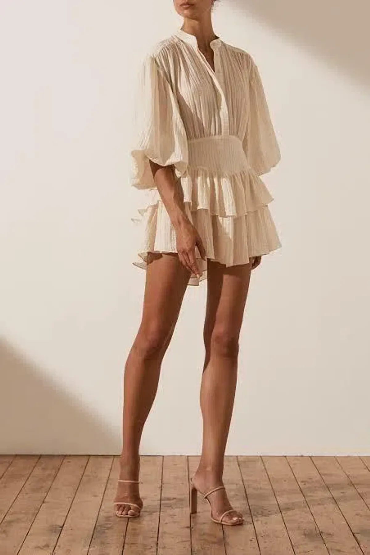 Shona Joy Mila Button Up Frill Mini Dress Beige/Tofu Size AU 16 - Image 1