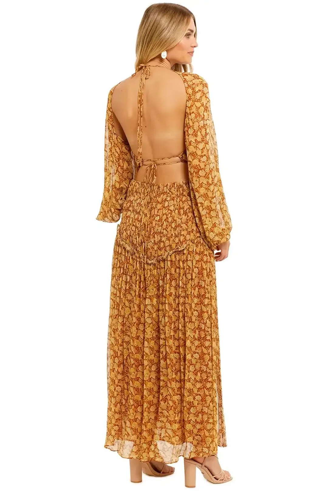 Shona Joy Sunset Cut Out Midi Dress Tumeric Brown Multi Print Size AU 8 for rent on The Volte - main image