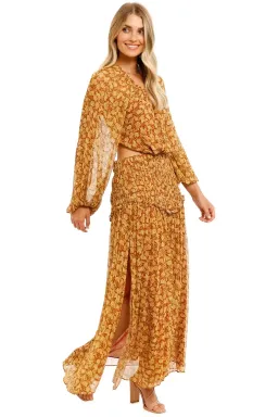 Shona Joy Sunset Cut Out Midi Dress Tumeric Brown Multi Print Size AU 8 for rent on The Volte - image 2
