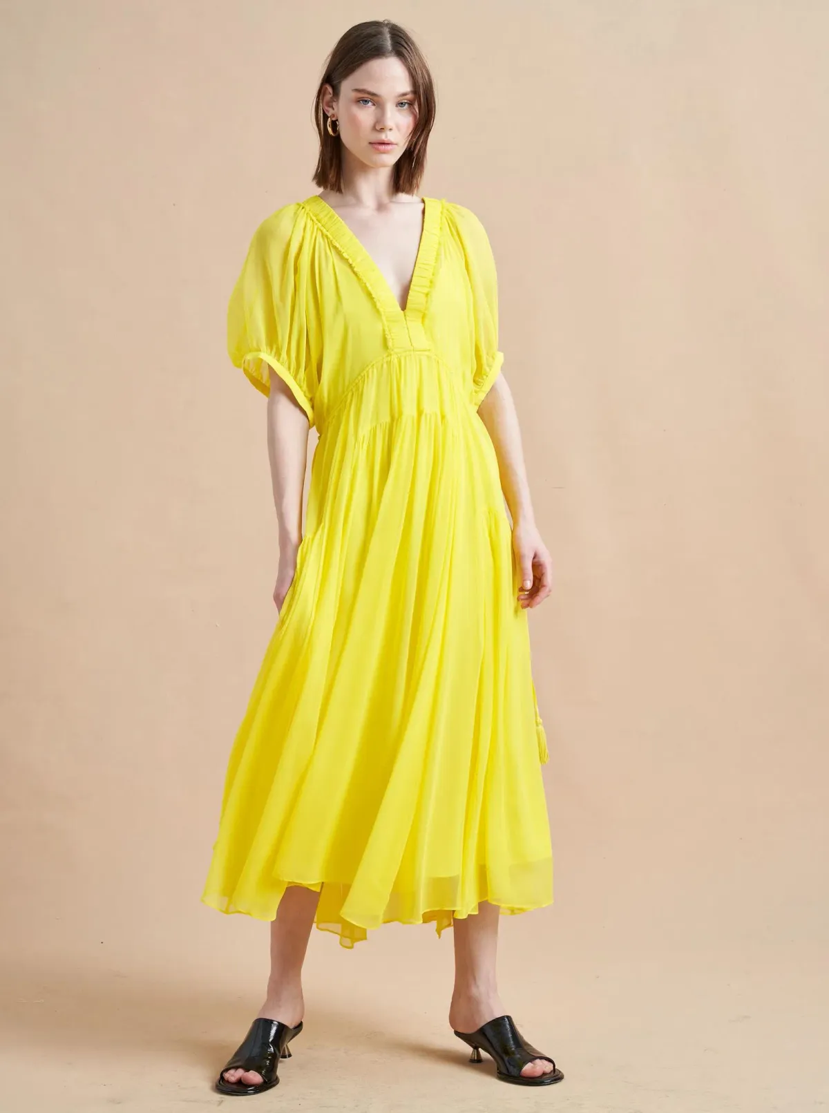 La Ligne Constance Shirred Silk-Chiffon Midi Dress Yellow Size 12 for rent on The Volte - main image