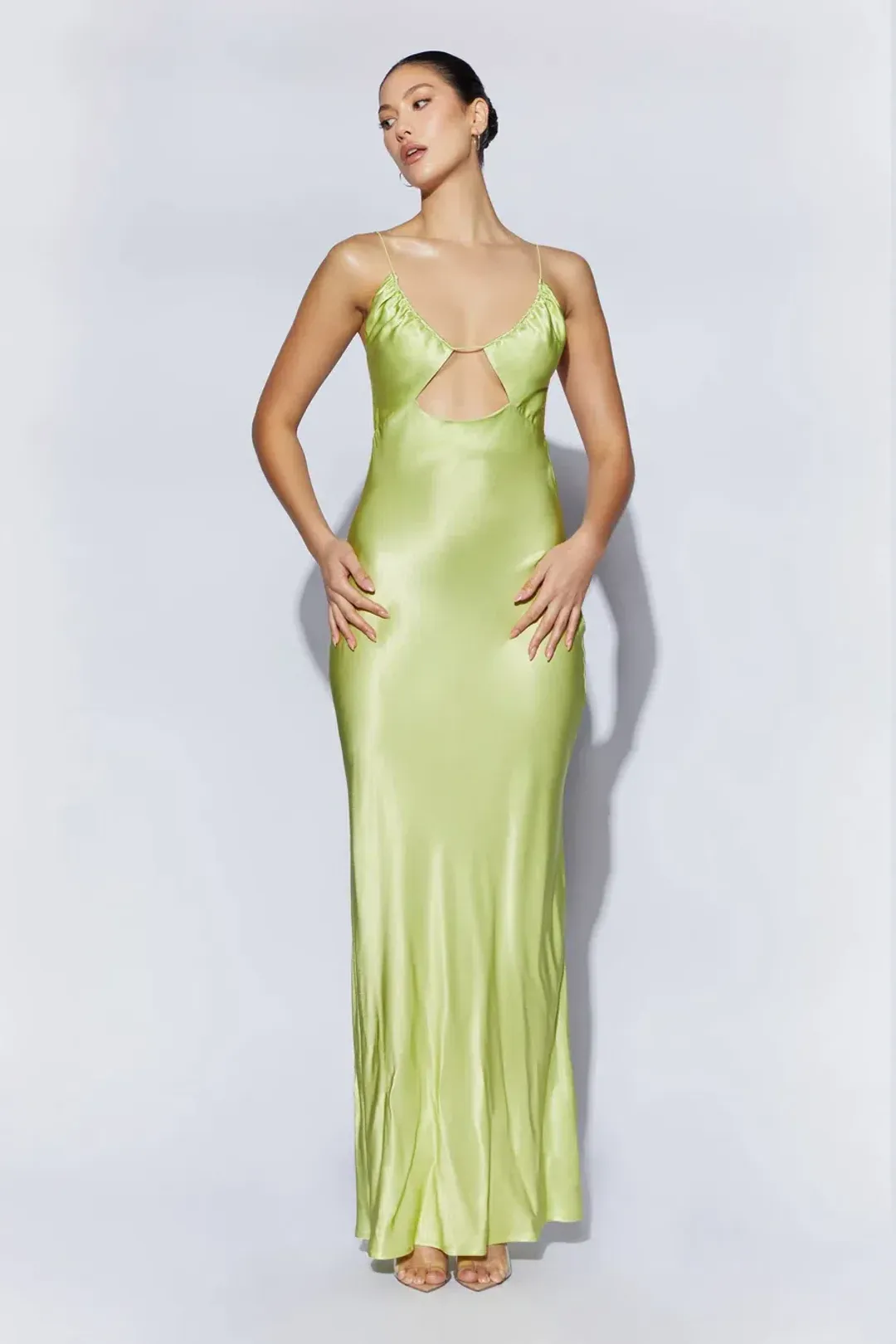 Meshki Sadie Maxi Satin Halterneck Ruched Slip Dress Pistachio Green Size 6 for rent on The Volte - main image