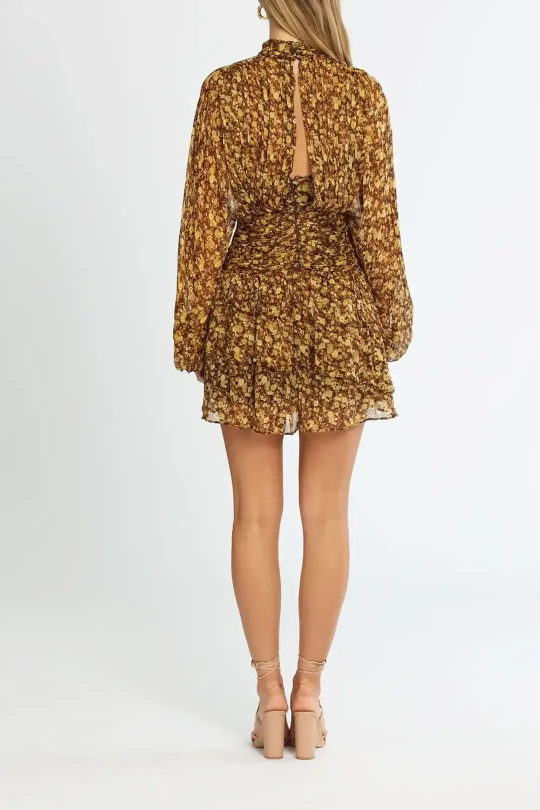 Shona Joy Carmela Long Sleeve Ruched Mini Dress Multi Print Size 8 for rent on The Volte - main image