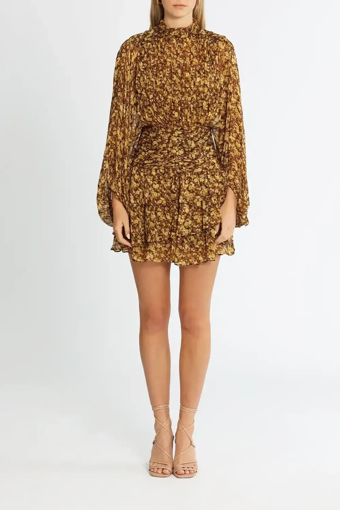Shona Joy Carmela Long Sleeve Ruched Mini Dress Multi Print Size 8 for rent on The Volte - main image
