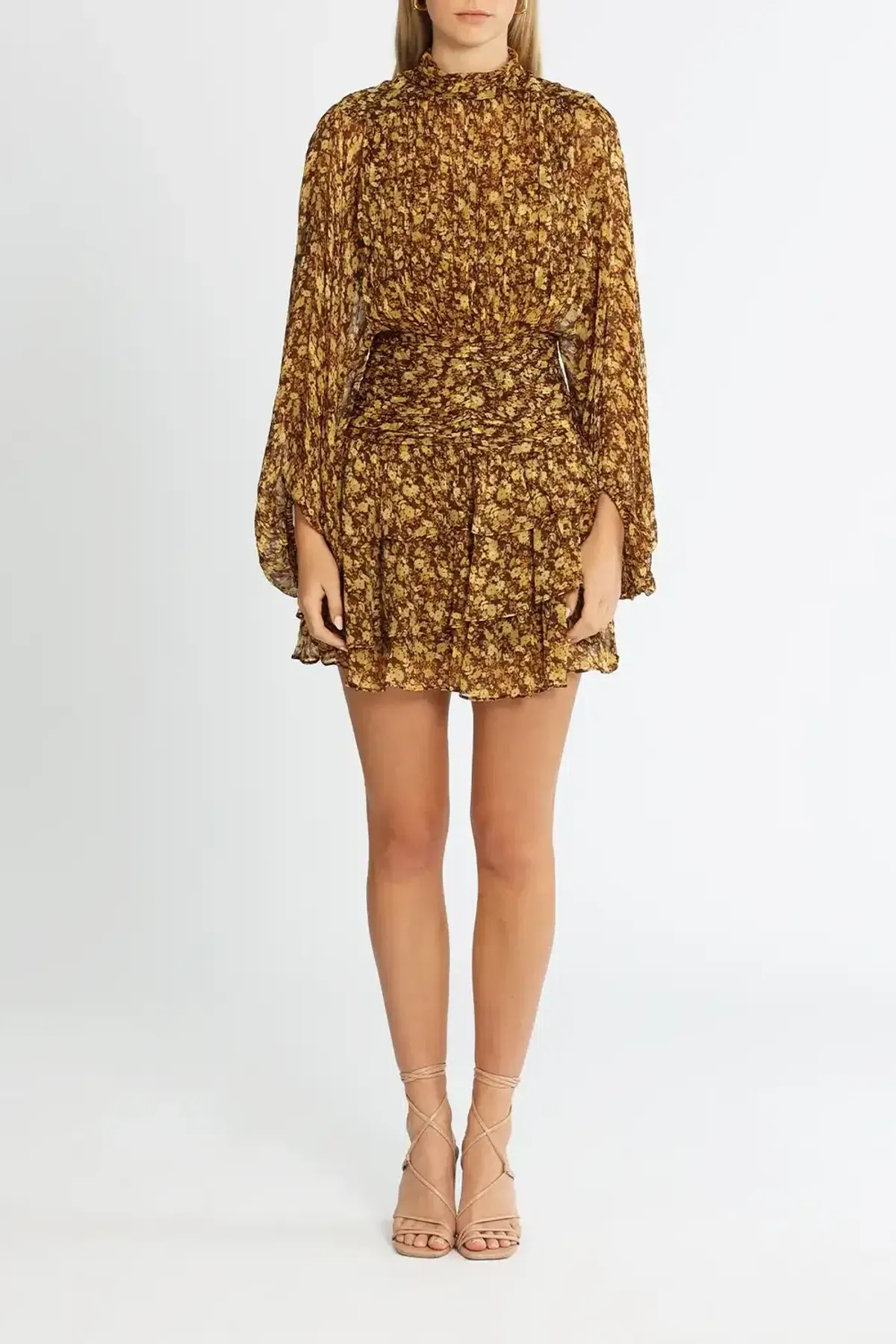 Shona Joy Carmela Long Sleeve Ruched Mini Dress Multi Print Size 8 for rent on The Volte - main image