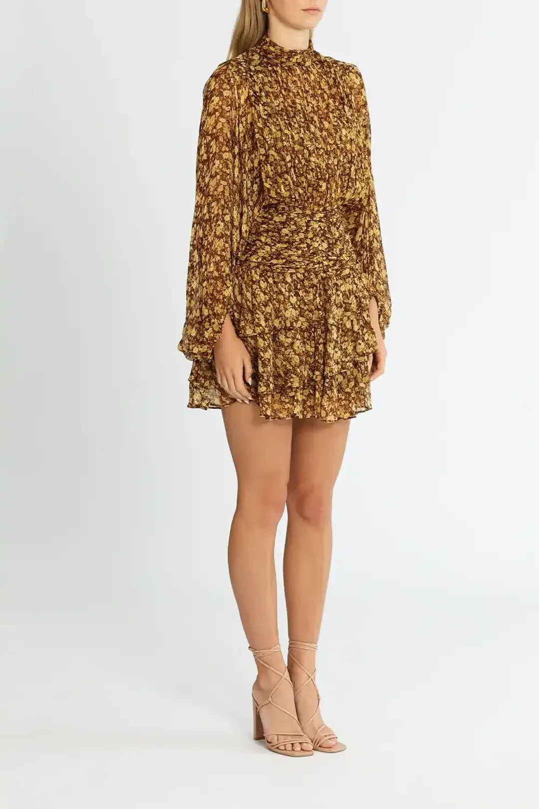 Shona Joy Carmela Long Sleeve Ruched Mini Dress Multi Print Size 8 for rent on The Volte - main image
