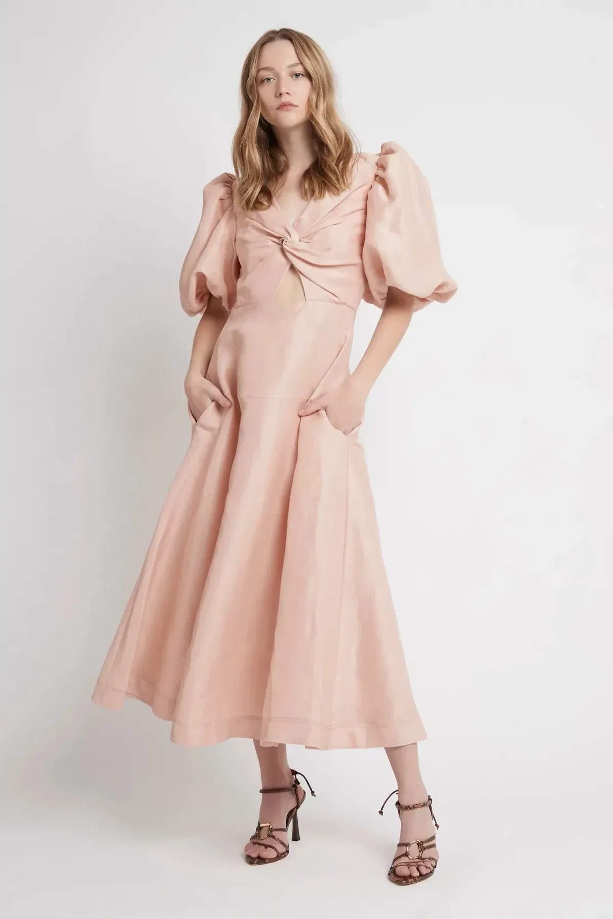 AJE Dusk Knot Puff Sleeve Midi Dress Blush Size 6 for rent on The Volte - main image