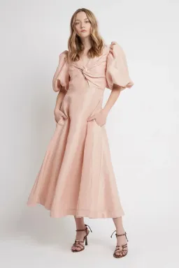 AJE Dusk Knot Puff Sleeve Midi Dress Blush Size 6 for rent on The Volte - image 1