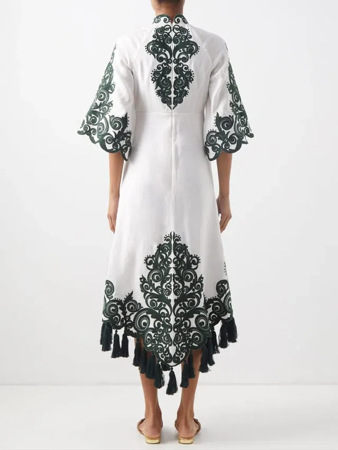 Zimmermann Anneke Tassel-Trimmed Embroidered Linen Dress Ivory/Green Size 0 / Au 8 for rent on The Volte - main image