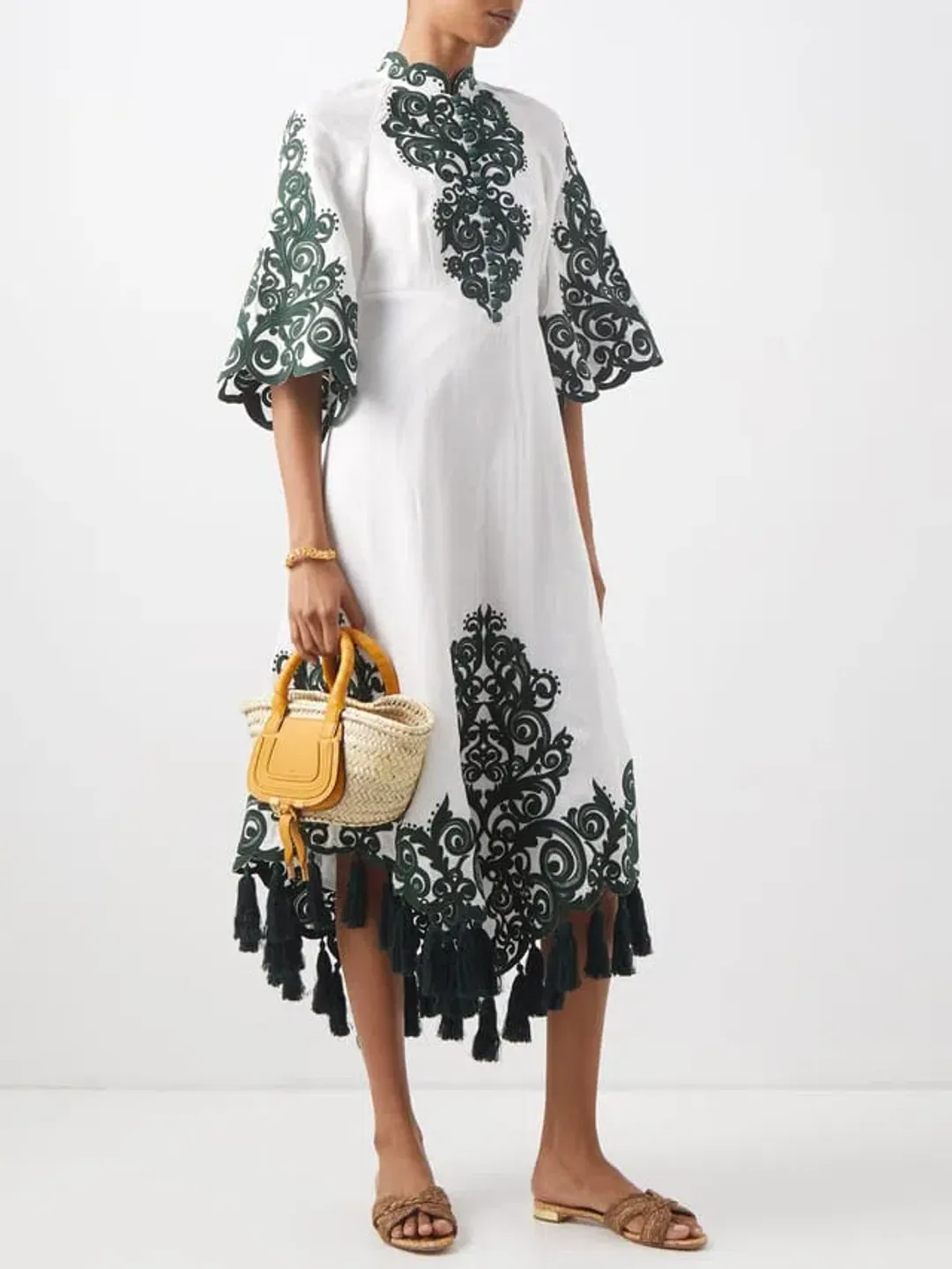 Zimmermann Anneke Tassel-Trimmed Embroidered Linen Dress Ivory/Green Size 0 / Au 8 for rent on The Volte - main image
