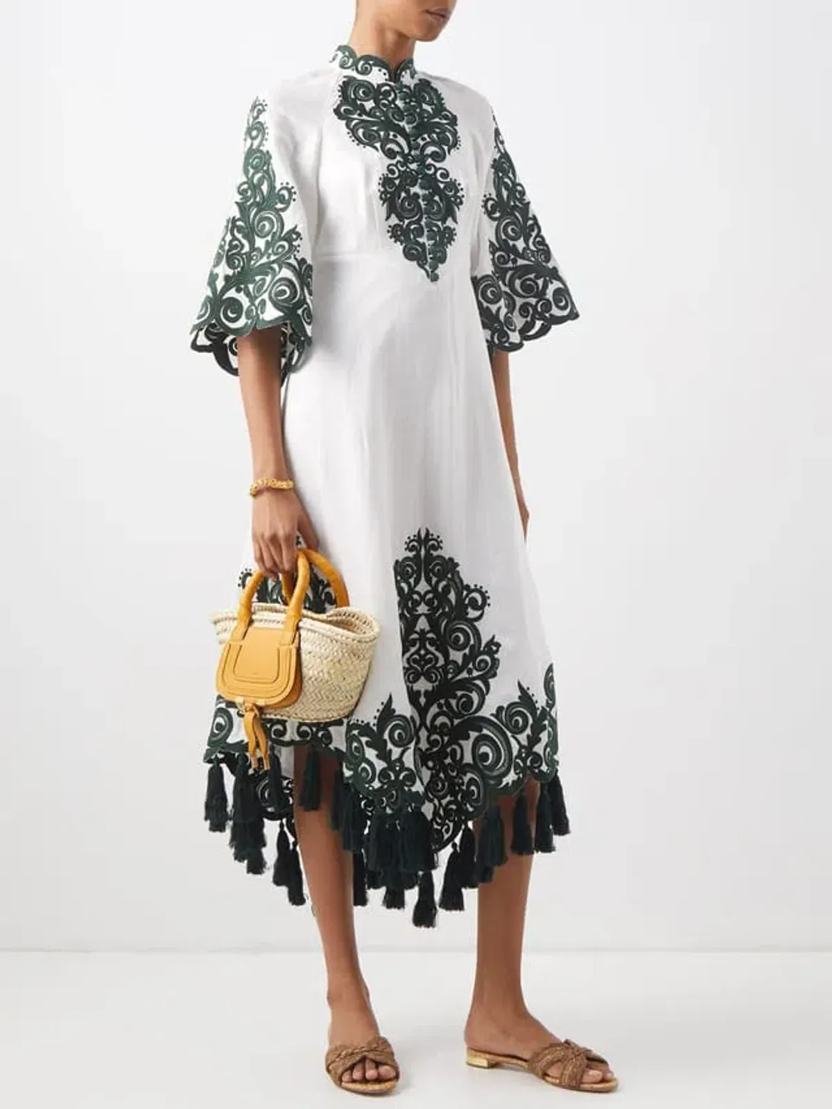 Zimmermann Anneke Tassel-Trimmed Embroidered Linen Dress Ivory/Green Size 0 / Au 8 - Image 1
