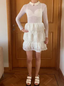 Self-Portrait Long-Sleeve Tiered Scalloped Lace Dress White Size AU 12 for rent on The Volte - image 2