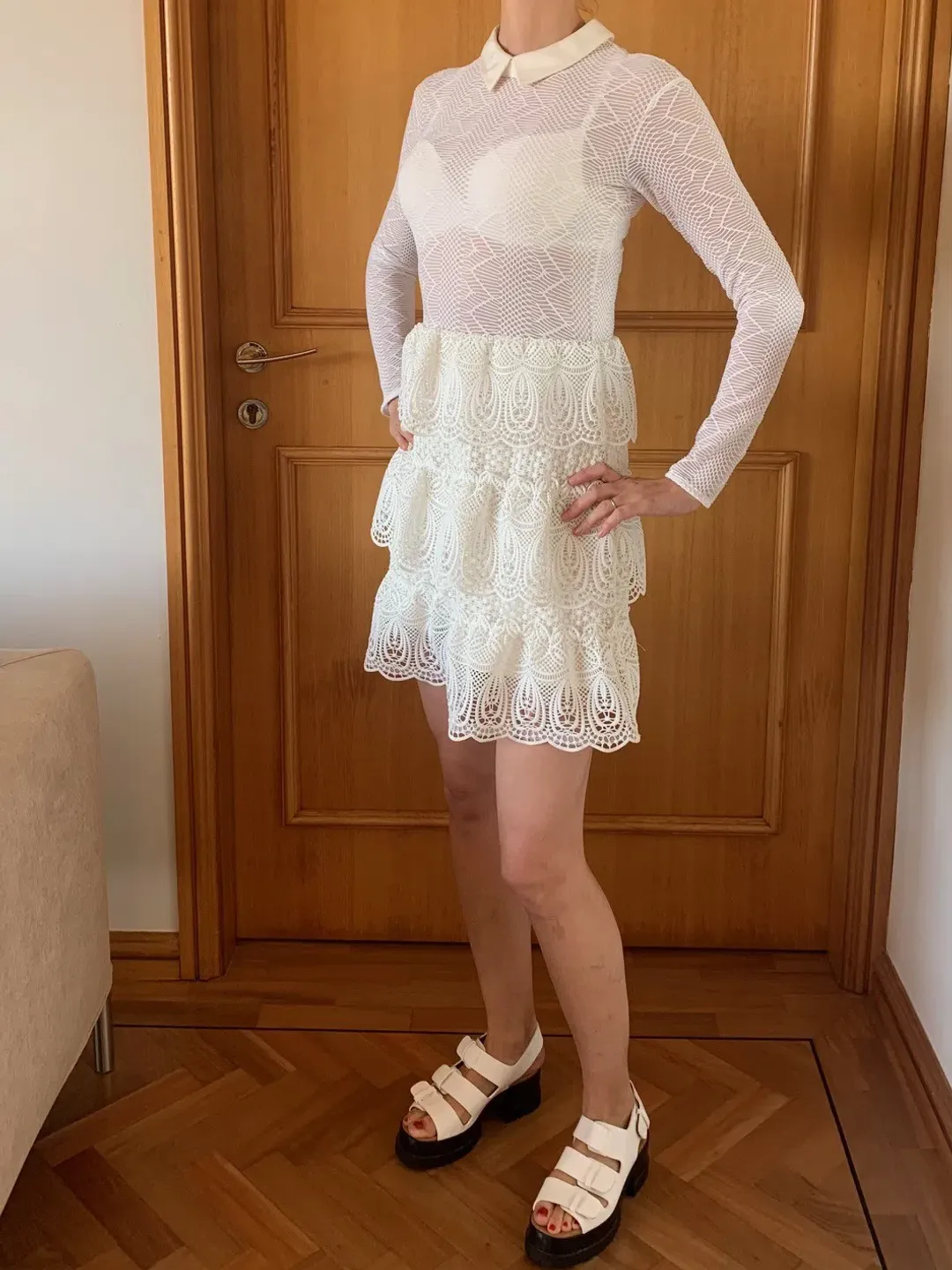 Self-Portrait Long-Sleeve Tiered Scalloped Lace Dress White Size AU 12 for rent on The Volte - main image