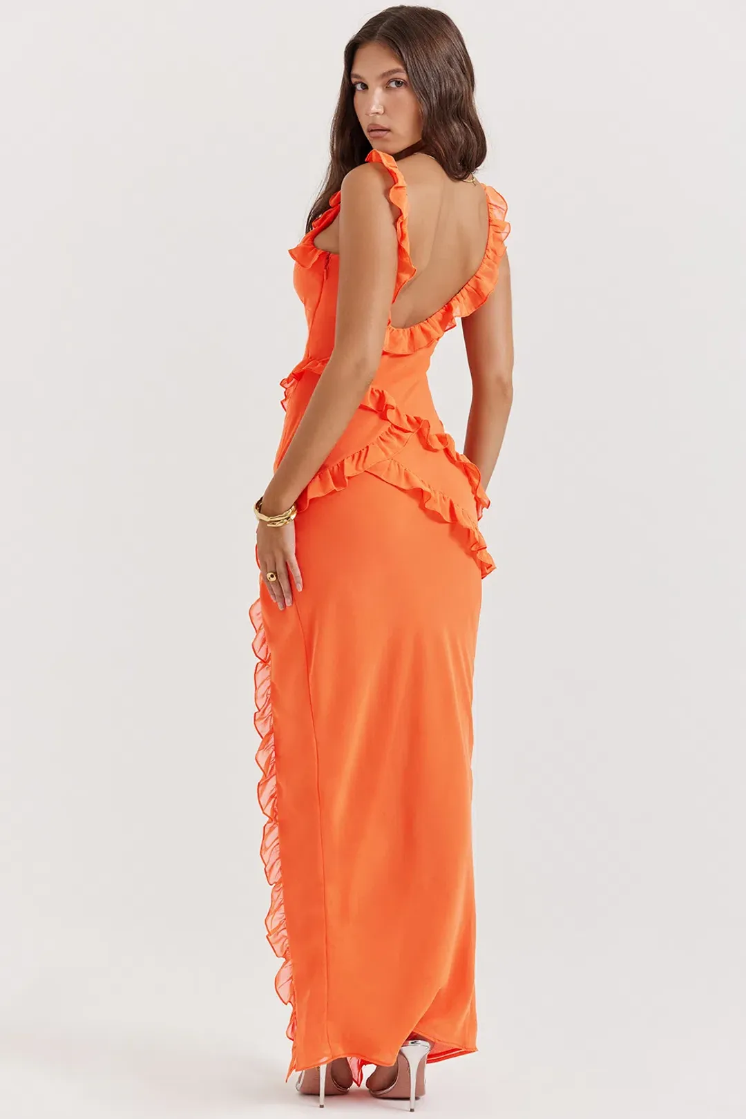 House of CB Pixie Ruffle Maxi in Flame Orange Size S / AU 8 for rent on The Volte - main image