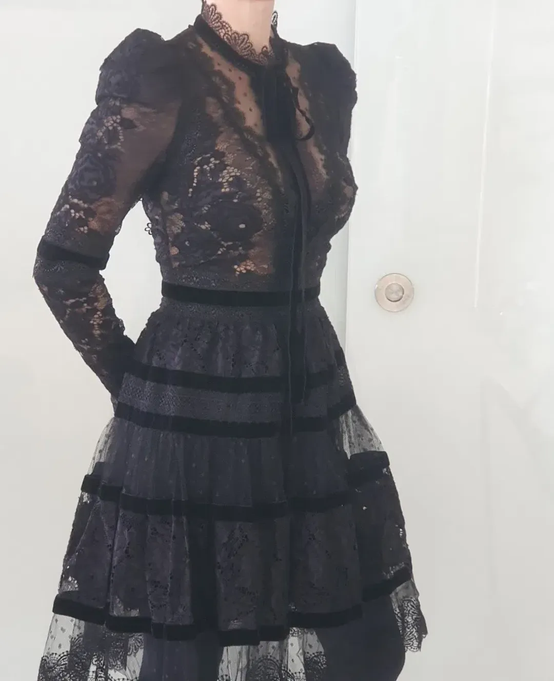 Elie Saab Velvet Trimmed Lace Mini Dress Black Size 6 for rent on The Volte - main image