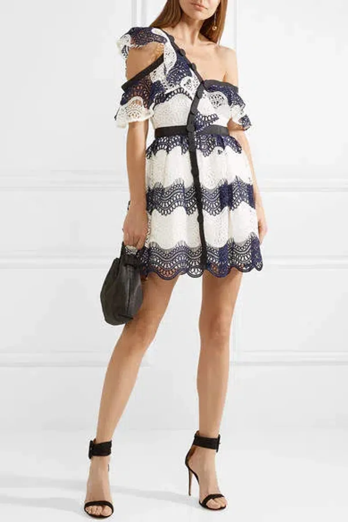 Self Portrait One Shoulder Striped Guipure Lace Mini Dress Navy/White Size 12 - Image 4