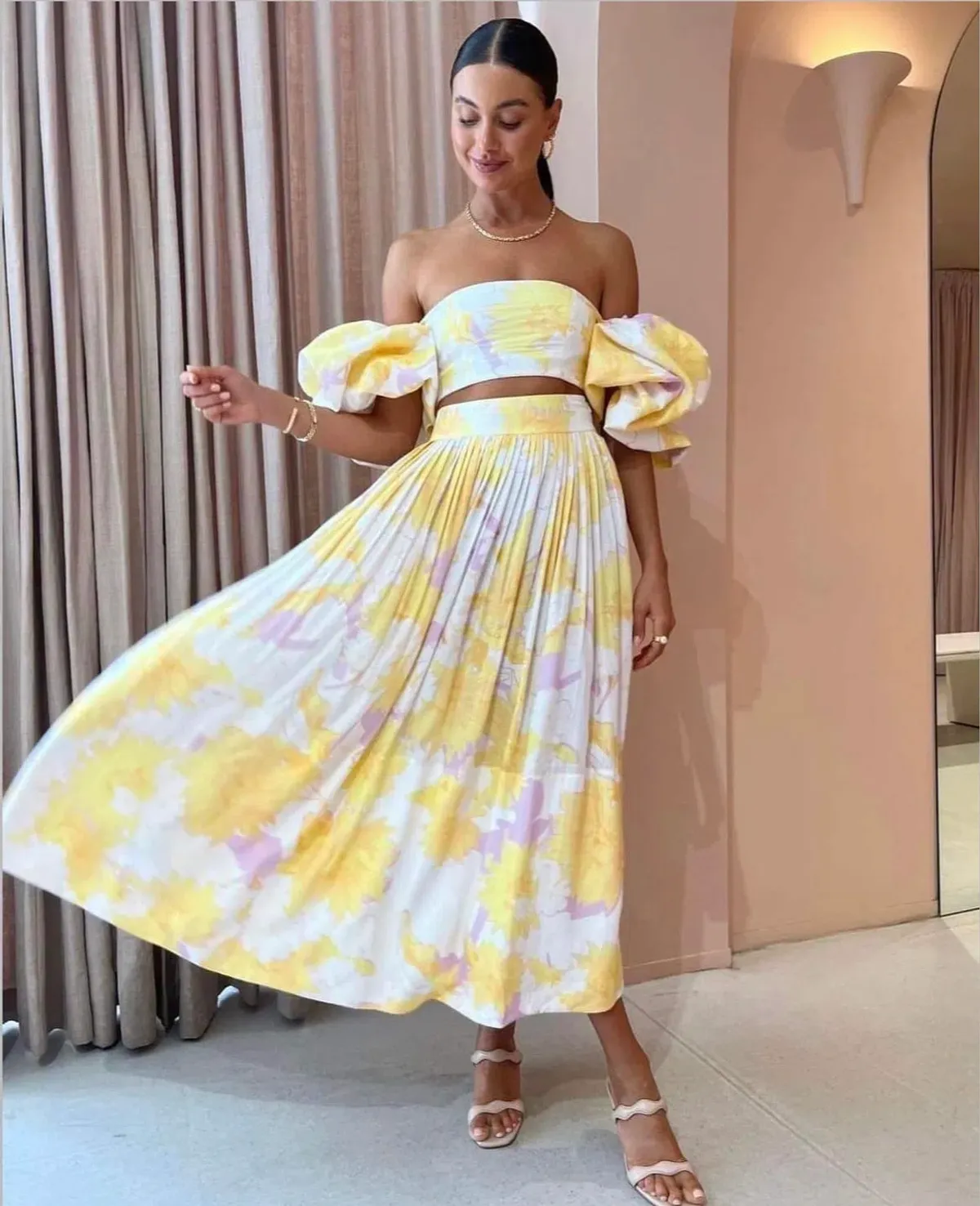 Leo Lin Simone Puff Top & Elina Skirt Set Jasmine Print in Sun Size 8 - Image 1