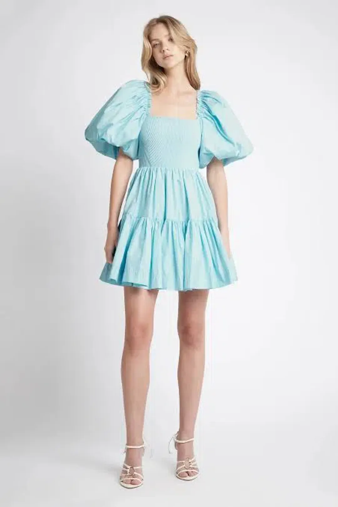 Aje Casa Puff Sleeve Mini Knit Dress Ice Blue Size 12 for rent on The Volte - main image