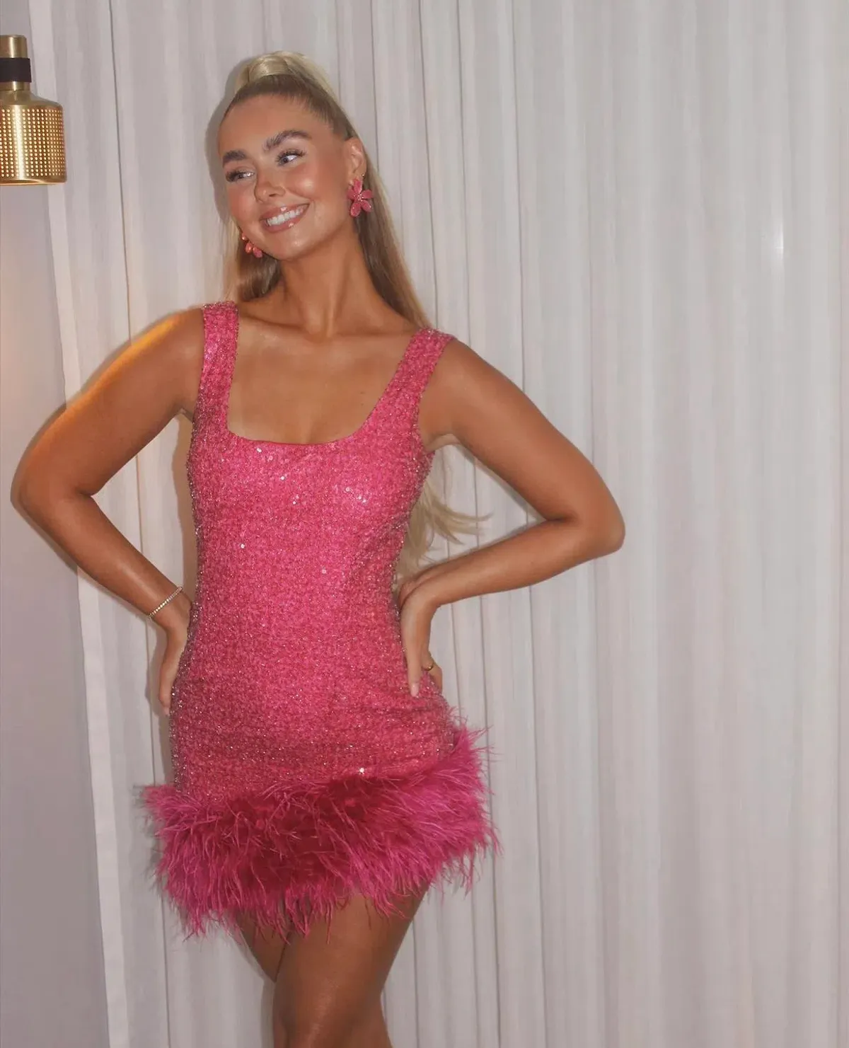 Nadine Merabi Evie Mini Dress Hot Pink Sequin Beadwork Size AU 8 for rent on The Volte - main image