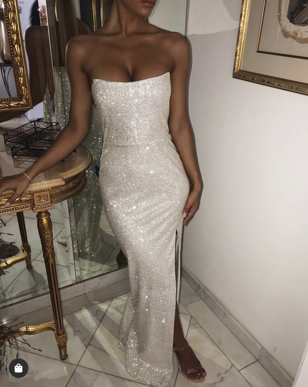 MESHKI Sierra Maxi Dress Silver Size 6 for rent on The Volte - main image