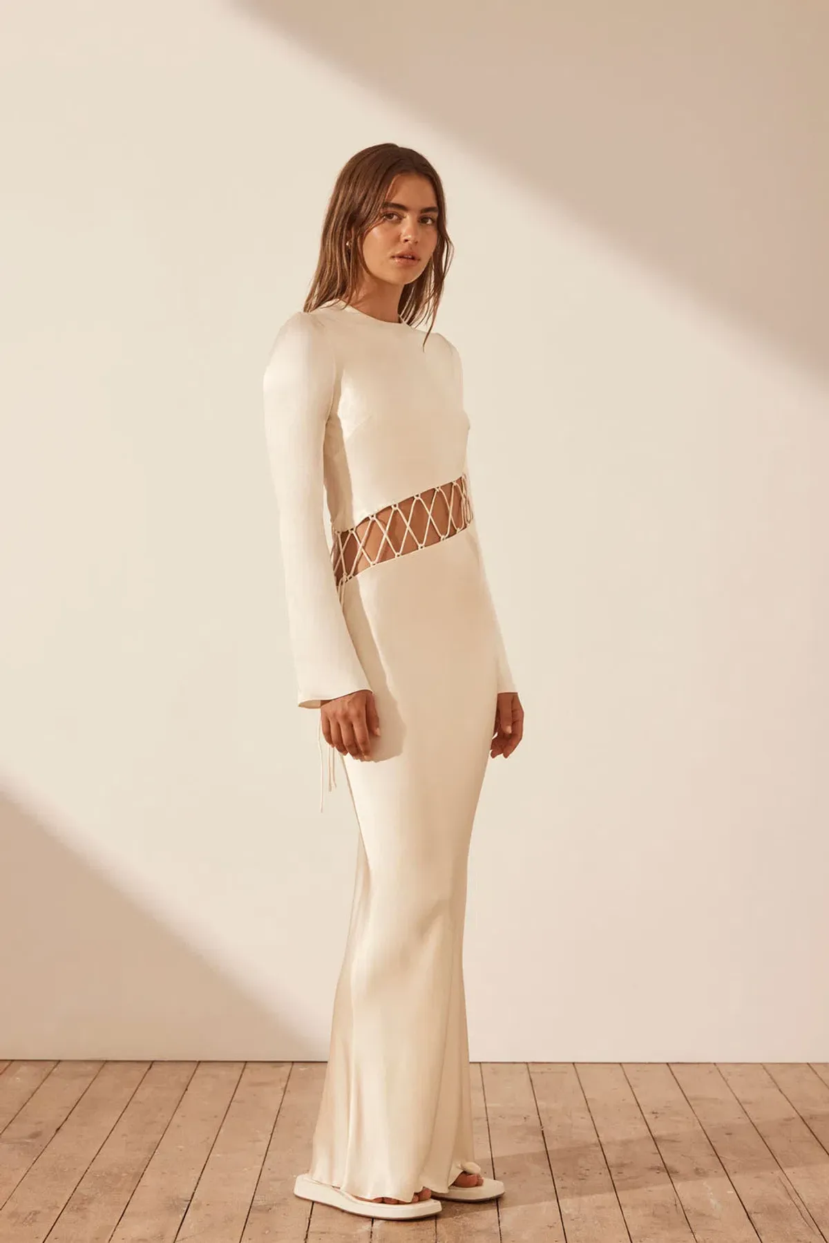 Shona Joy Arienzo Asymmetrical Lace Up Maxi Dress In Cream Size 6 - Image 6