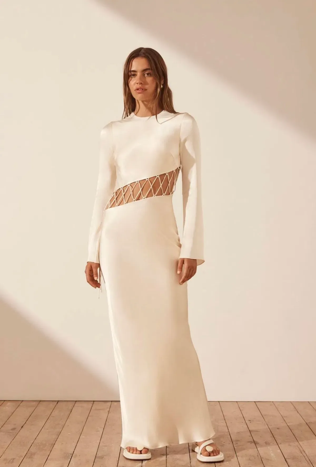 Shona Joy Arienzo Asymmetrical Lace Up Maxi Dress In Cream Size 6 - Image 9