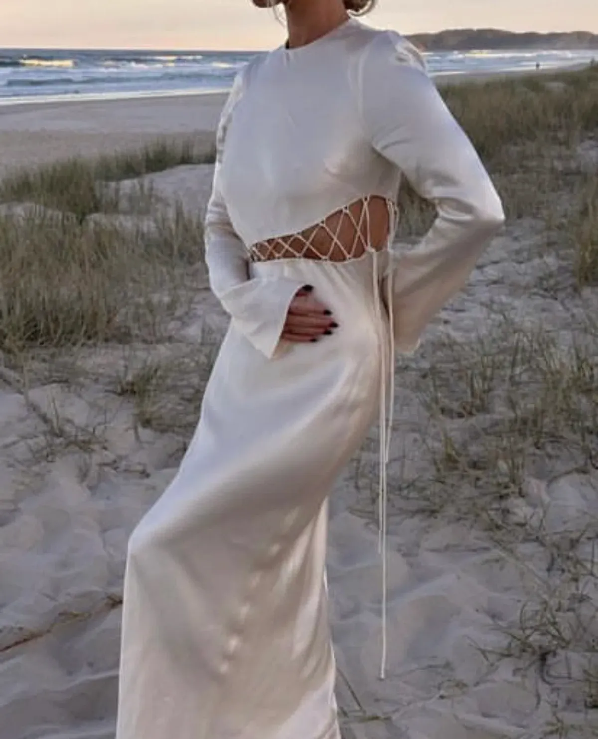 Shona Joy Arienzo Asymmetrical Lace Up Maxi Dress In Cream Size 6 - Image 8