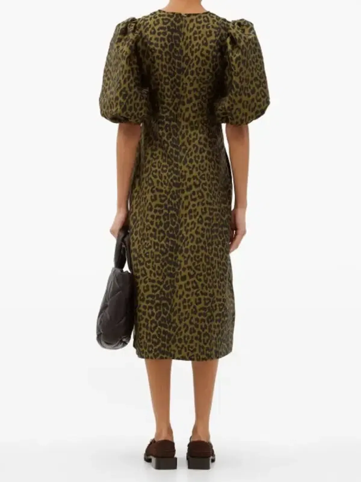 Ganni Puff Sleeve Leopard Jacquard Midi Dress Print Size 44 - Image 2