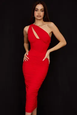 House of CB Valentina Asymmetric Cutout Midi Dress Scarlet Red Size 8 for rent on The Volte - image 2