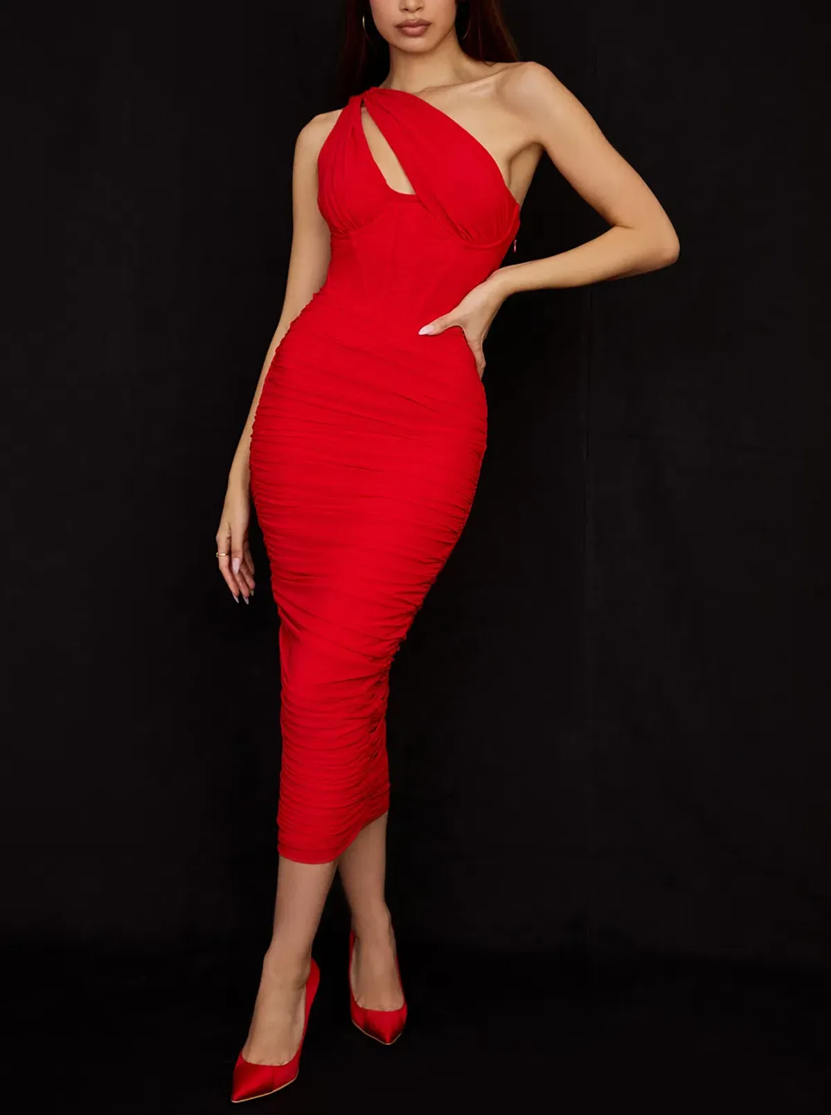House of CB Valentina Asymmetric Cutout Midi Dress Scarlet Red Size 8 for rent on The Volte - main image