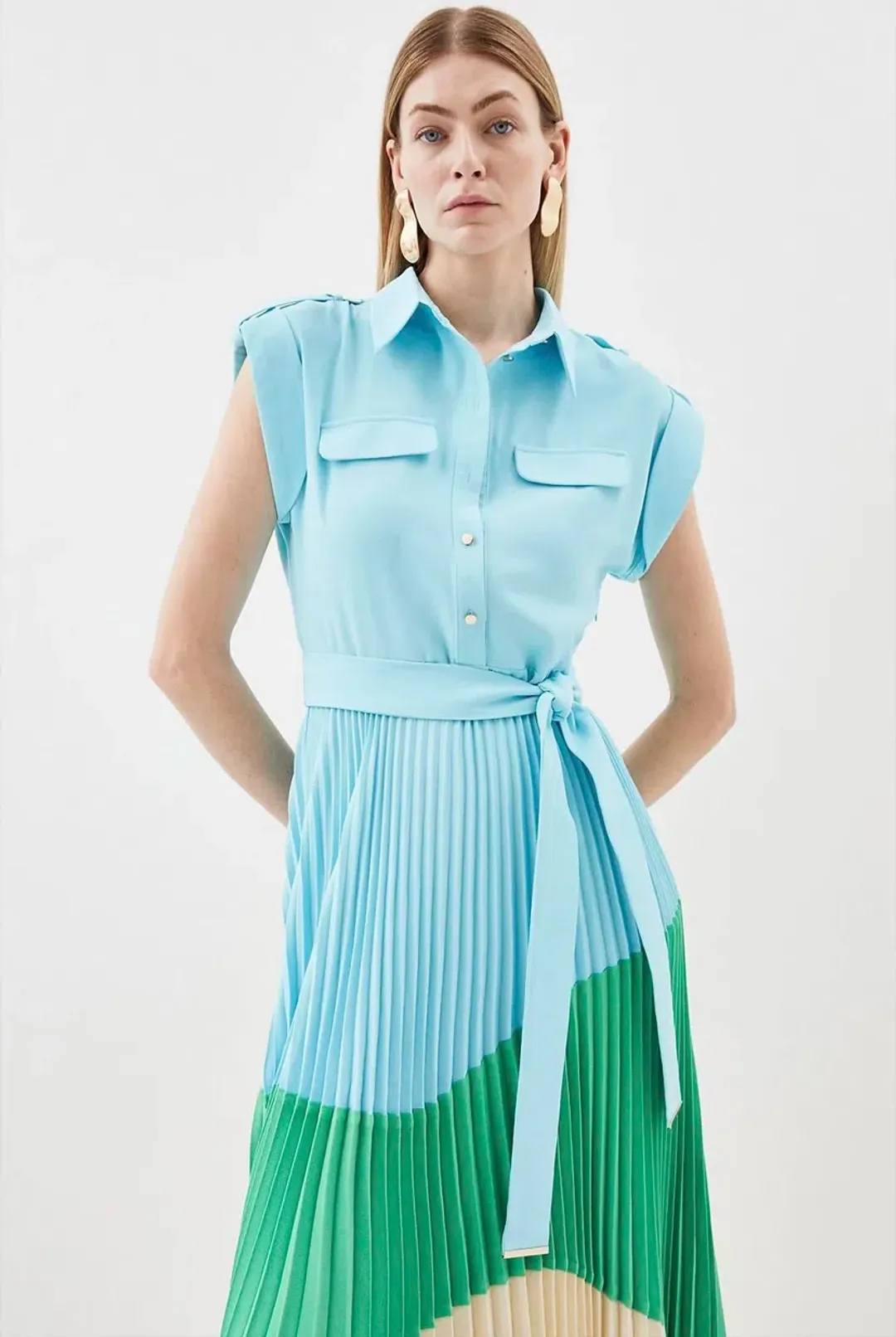 Karen Millen Colour Block Pleated Woven Midi Shirt Dress Multi Size 8 for rent on The Volte - main image