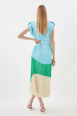 Karen Millen Colour Block Pleated Woven Midi Shirt Dress Multi Size 8 for rent on The Volte - image 3