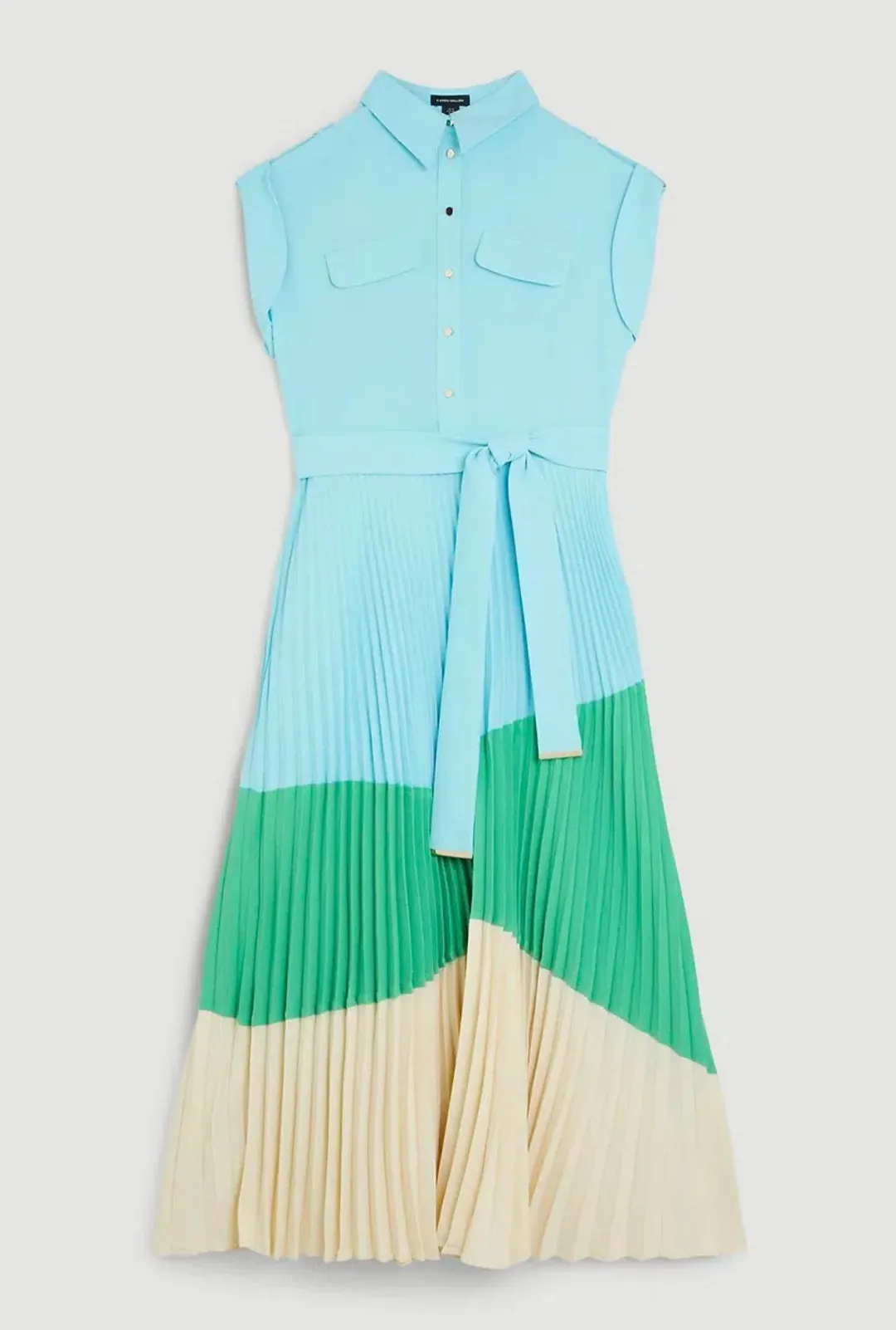 Karen Millen Colour Block Pleated Woven Midi Shirt Dress Multi Size 8 for rent on The Volte - main image