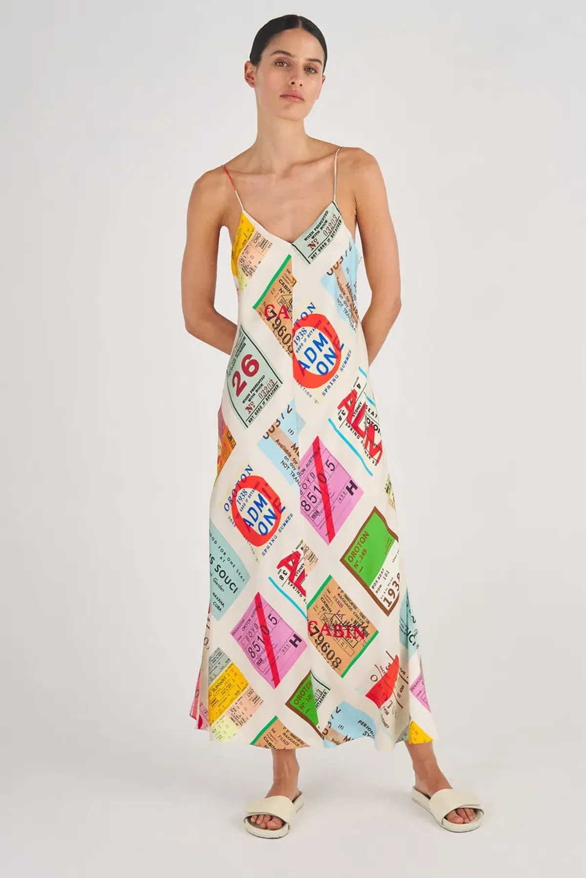 Oroton Ticket Print Slip Dress Fuchsia Size AU 12 for rent on The Volte - main image