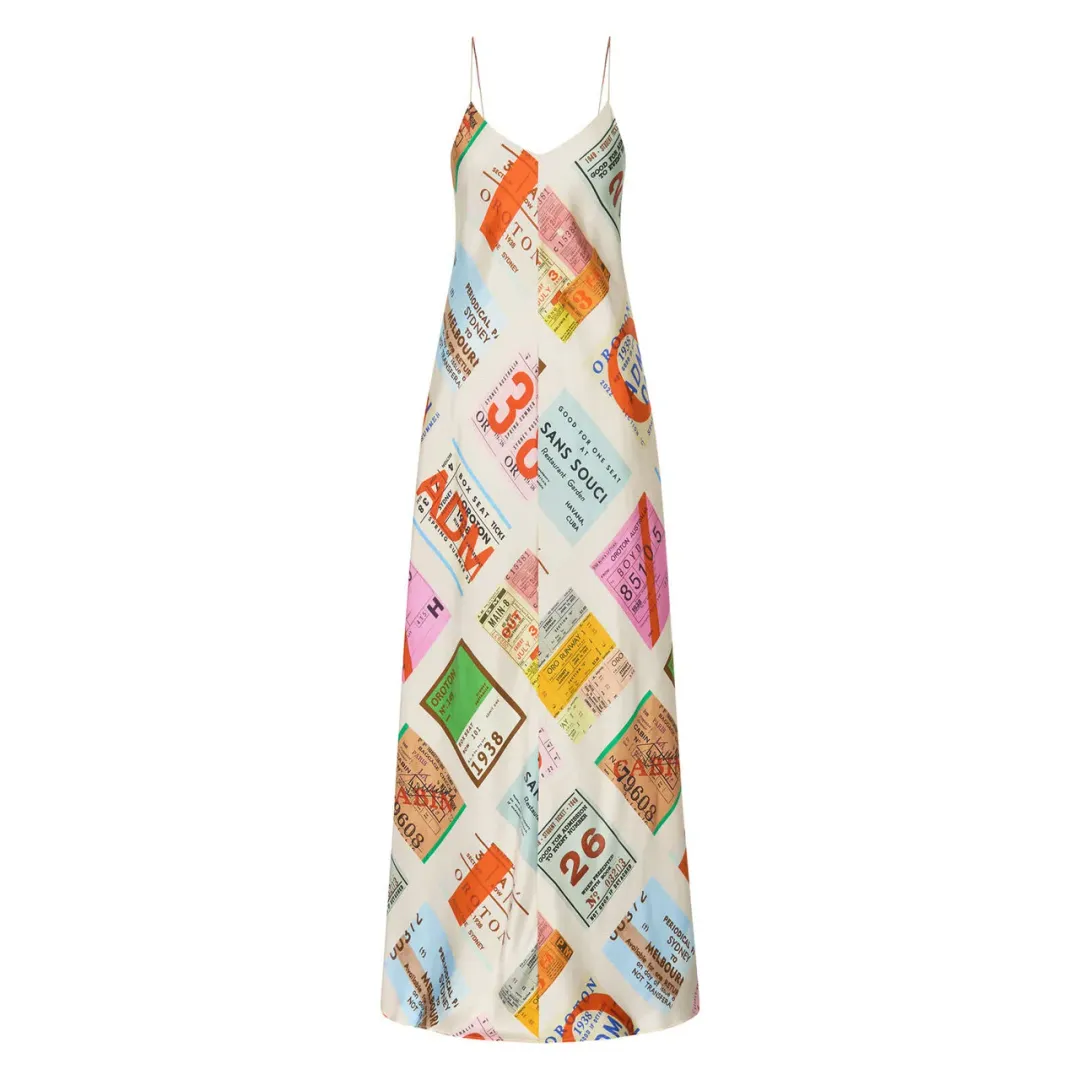 Oroton Ticket Print Slip Dress Fuchsia Size AU 12 for rent on The Volte - main image