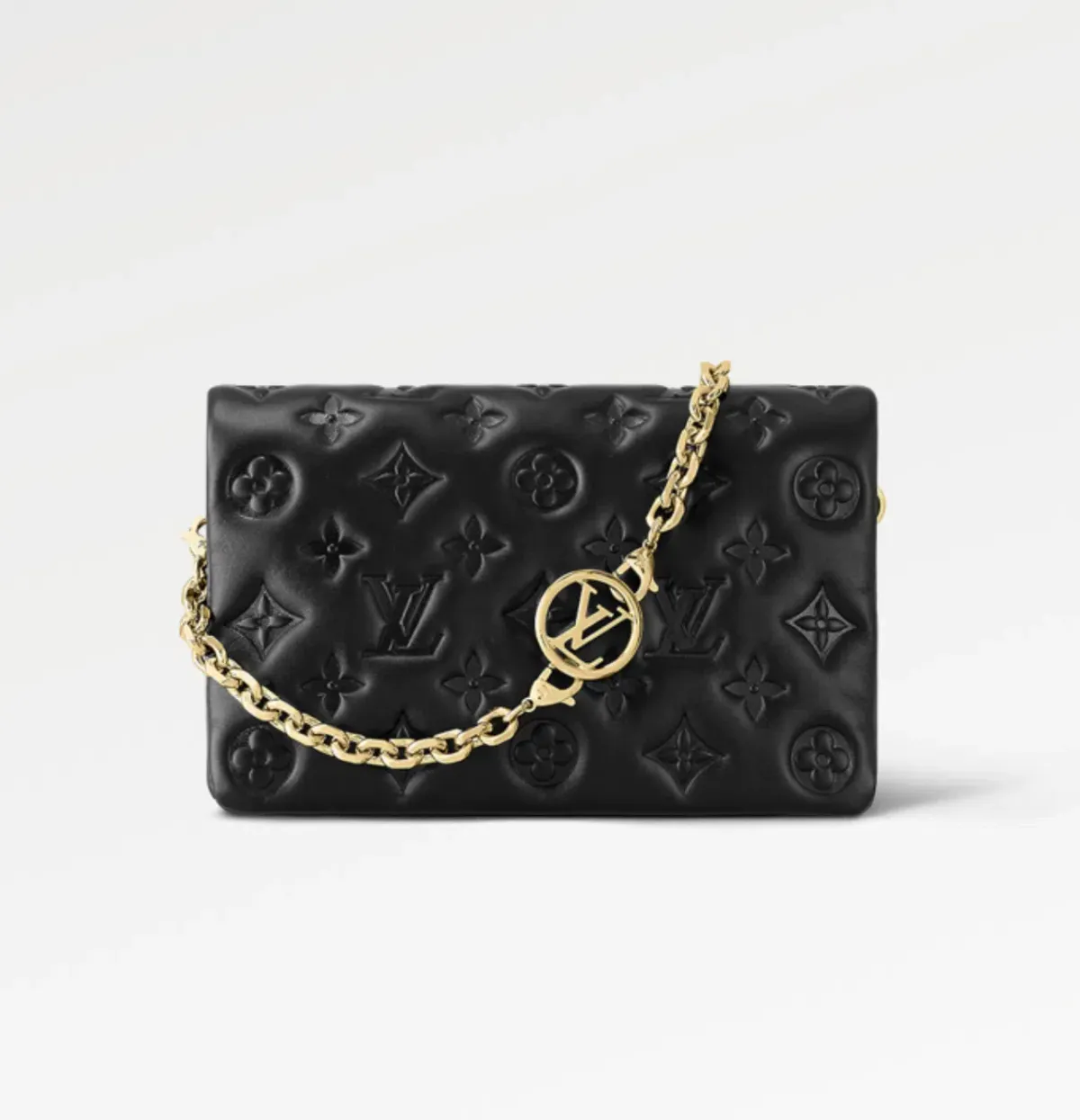 Louis Vuitton Monogram Embossed Puffy Lambskin Pochette Coussin Black with Gold Hardware for rent on The Volte - main image