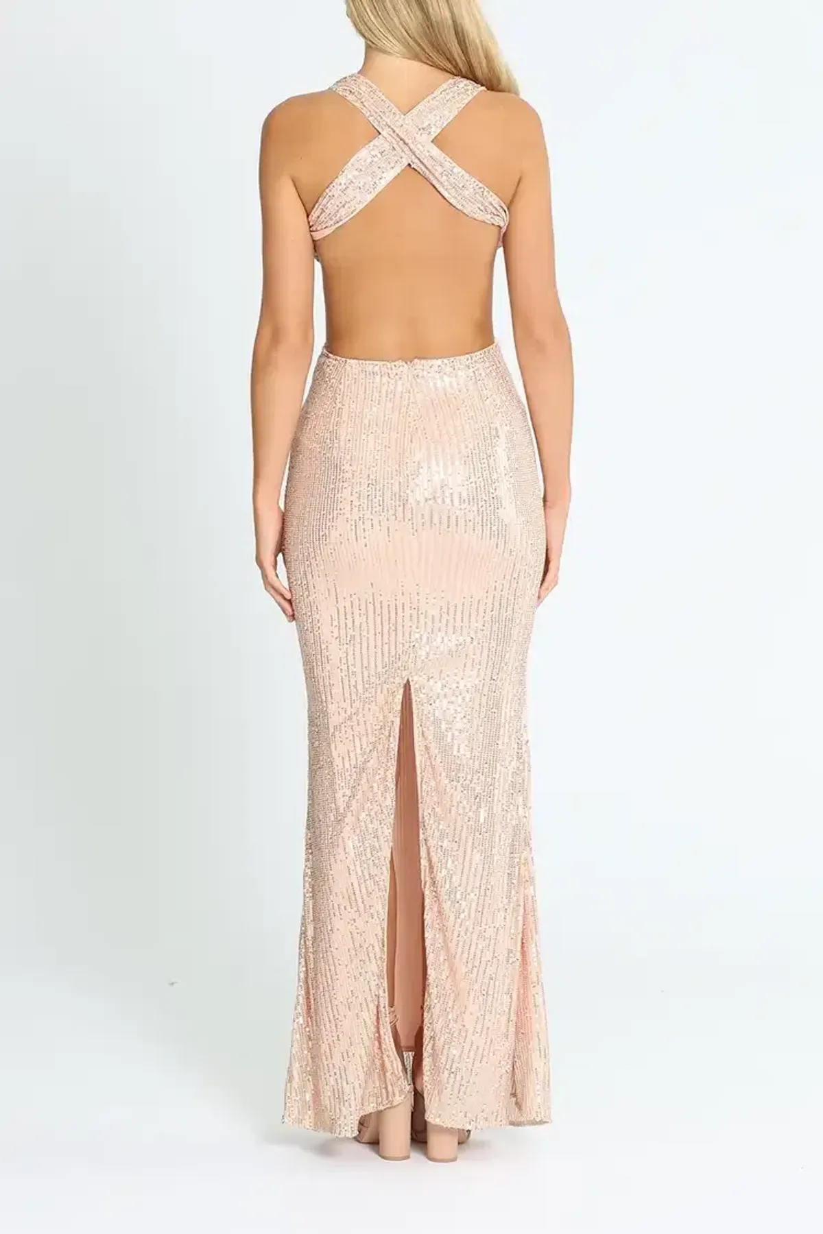 Elle Zeitoune Cut Out Detailed Sequin Gown Rose Gold Size 12 - Image 3