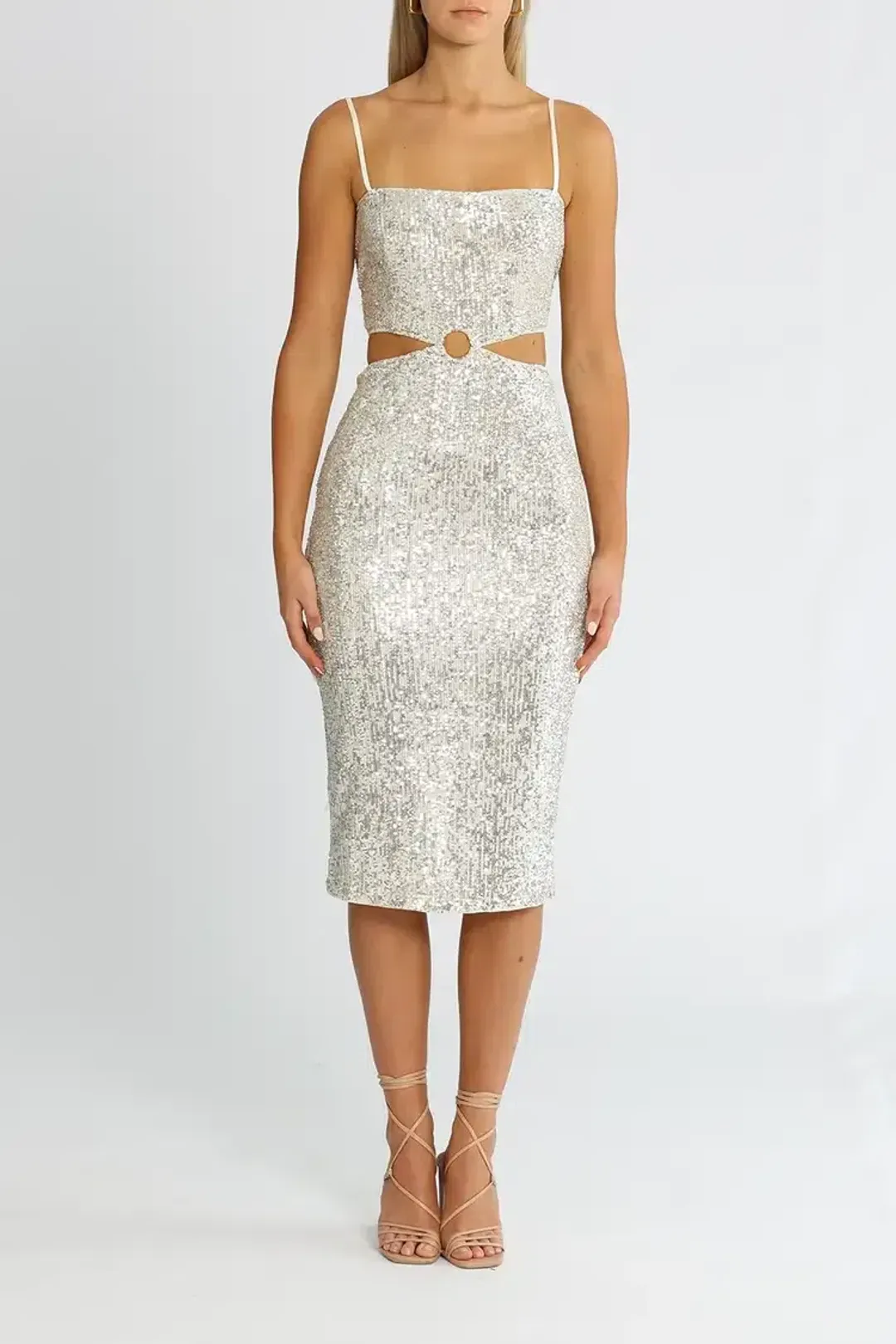 Elle Zeitoune Cut Out Sequin Midi Dress Silver Size 8 for rent on The Volte - main image
