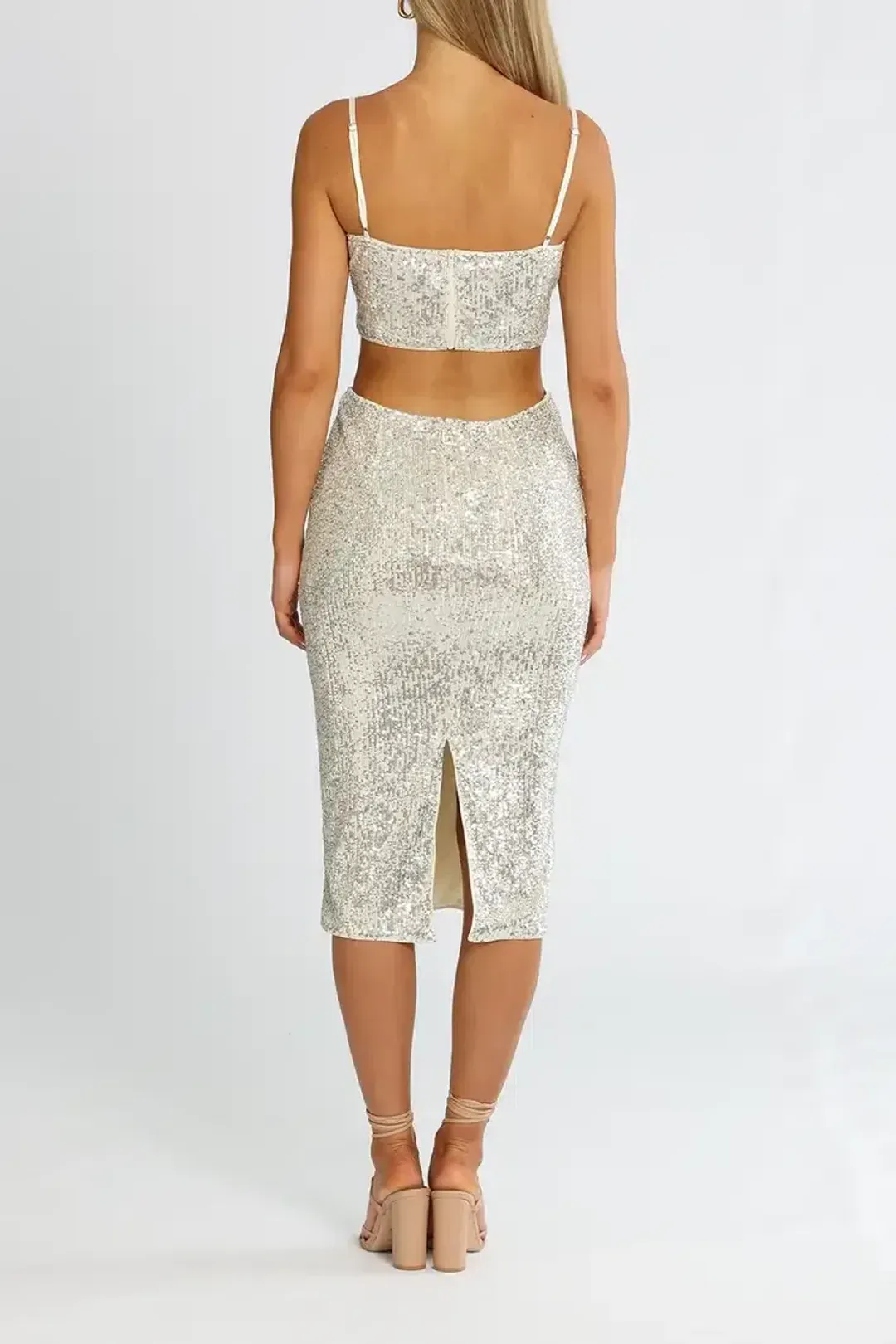 Elle Zeitoune Cut Out Sequin Midi Dress Silver Size 8 for rent on The Volte - main image