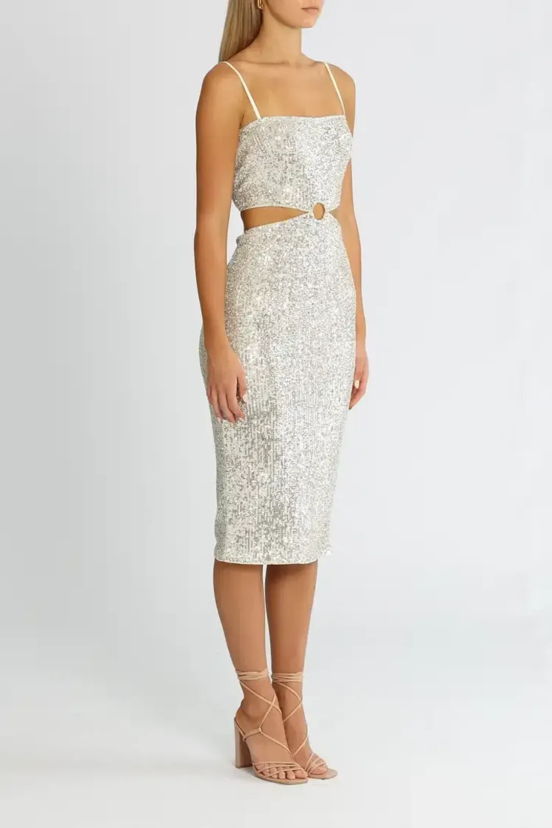 Elle Zeitoune Cut Out Sequin Midi Dress Silver Size 8 for rent on The Volte - main image