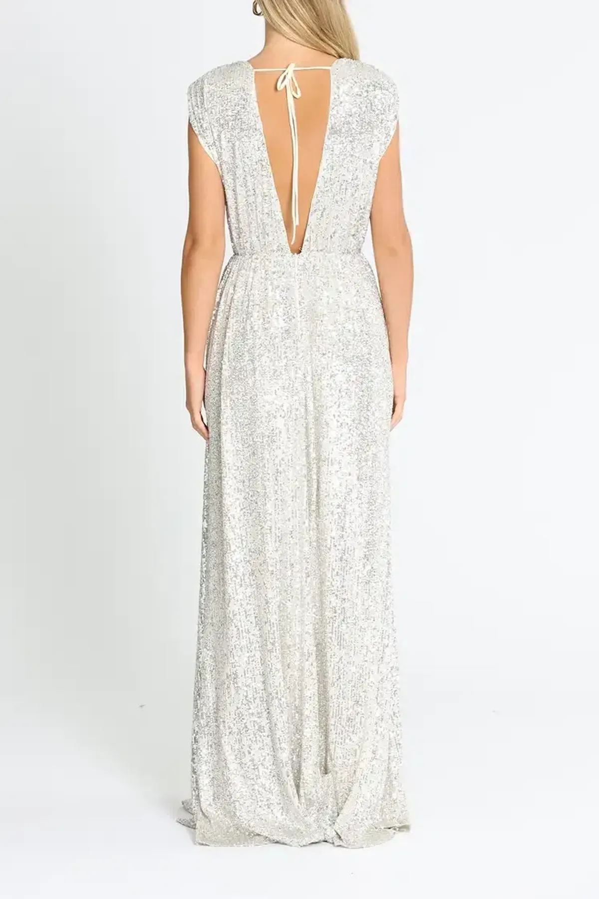 Elle Zeitoune Wrap Style V Neck Sequin Gown Silver Size 10 - Image 3