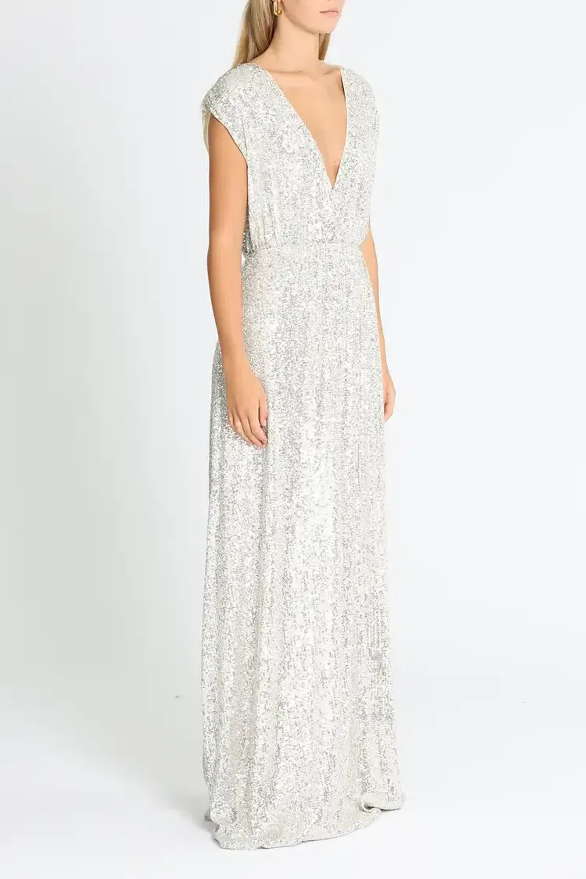 Elle Zeitoune Wrap Style V Neck Sequin Gown Silver Size 14 - Image 2