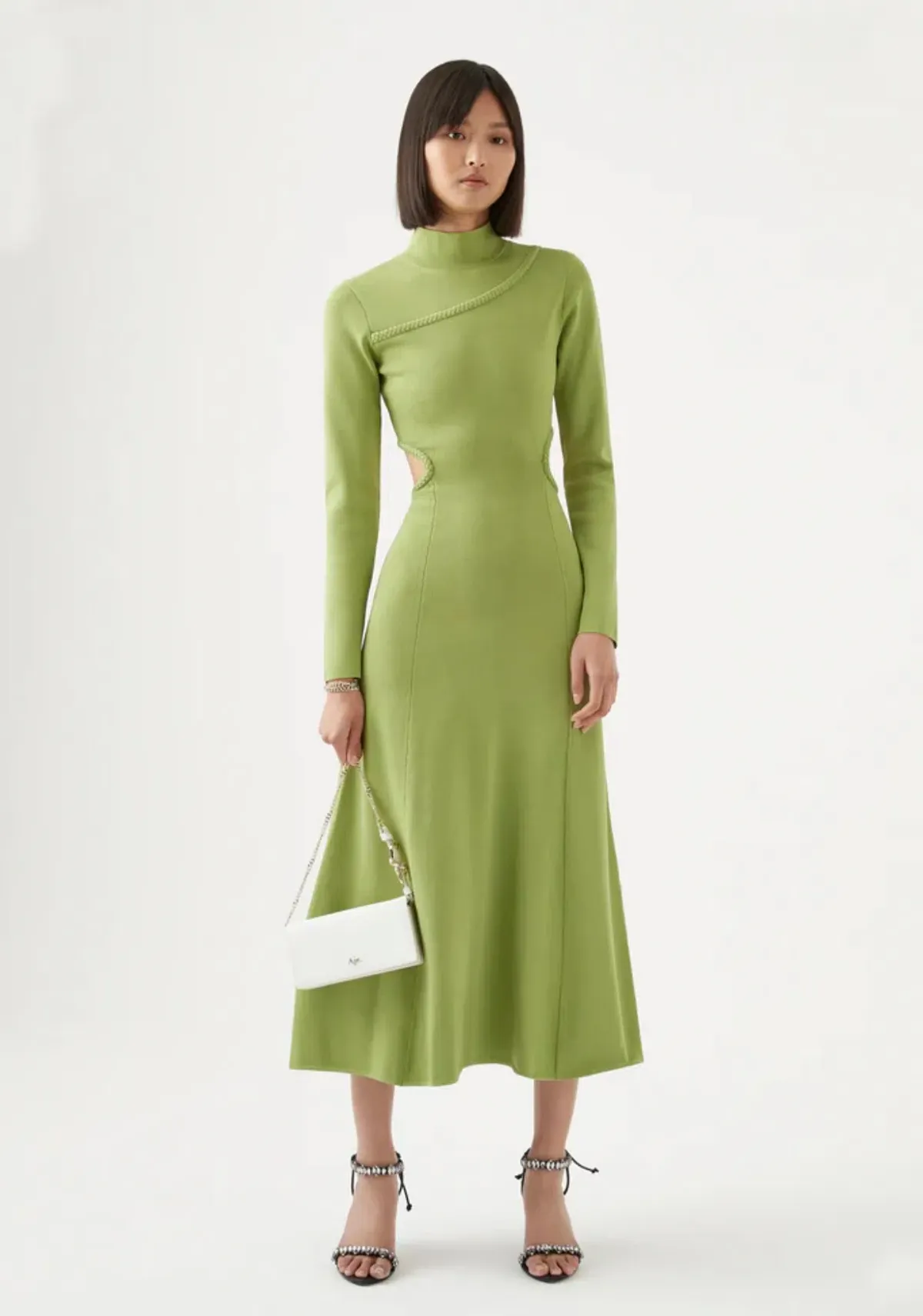 Aje Amelie Braided Cut Out Knit Dress in Olive Green Size M/Au 12 for rent on The Volte - main image