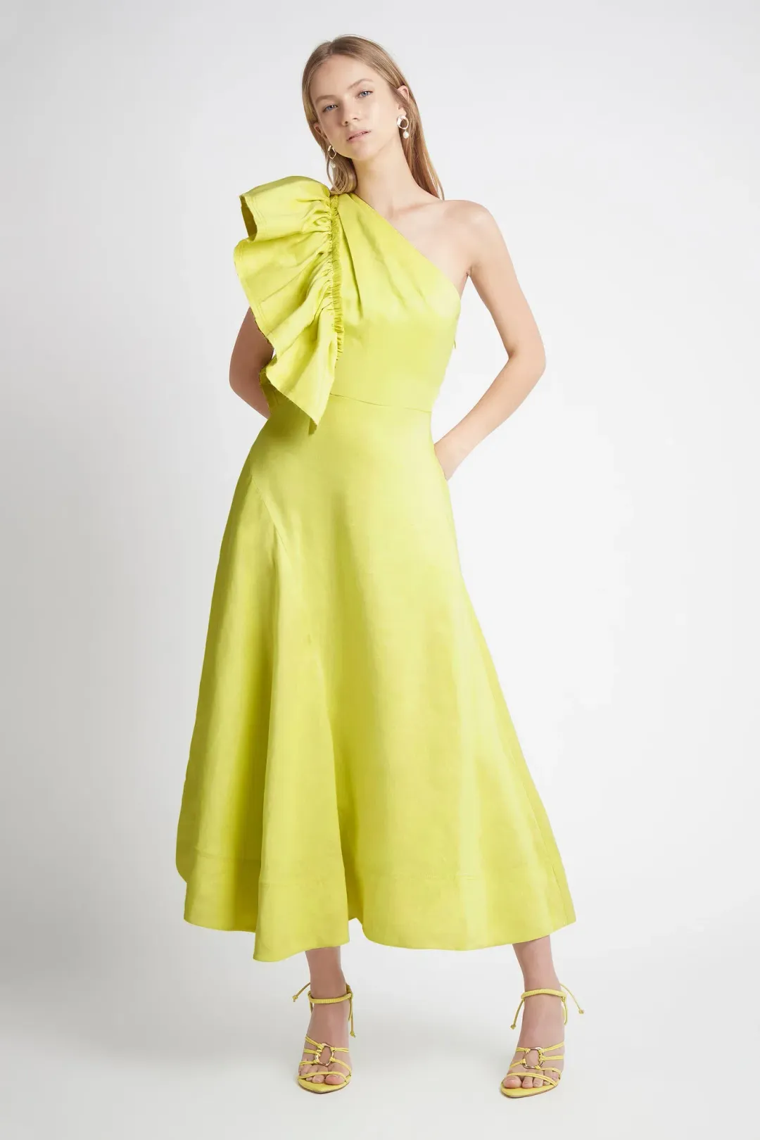 Aje Bonjour Asymmetric Midi Dress Lime Green Size 12 for rent on The Volte - main image