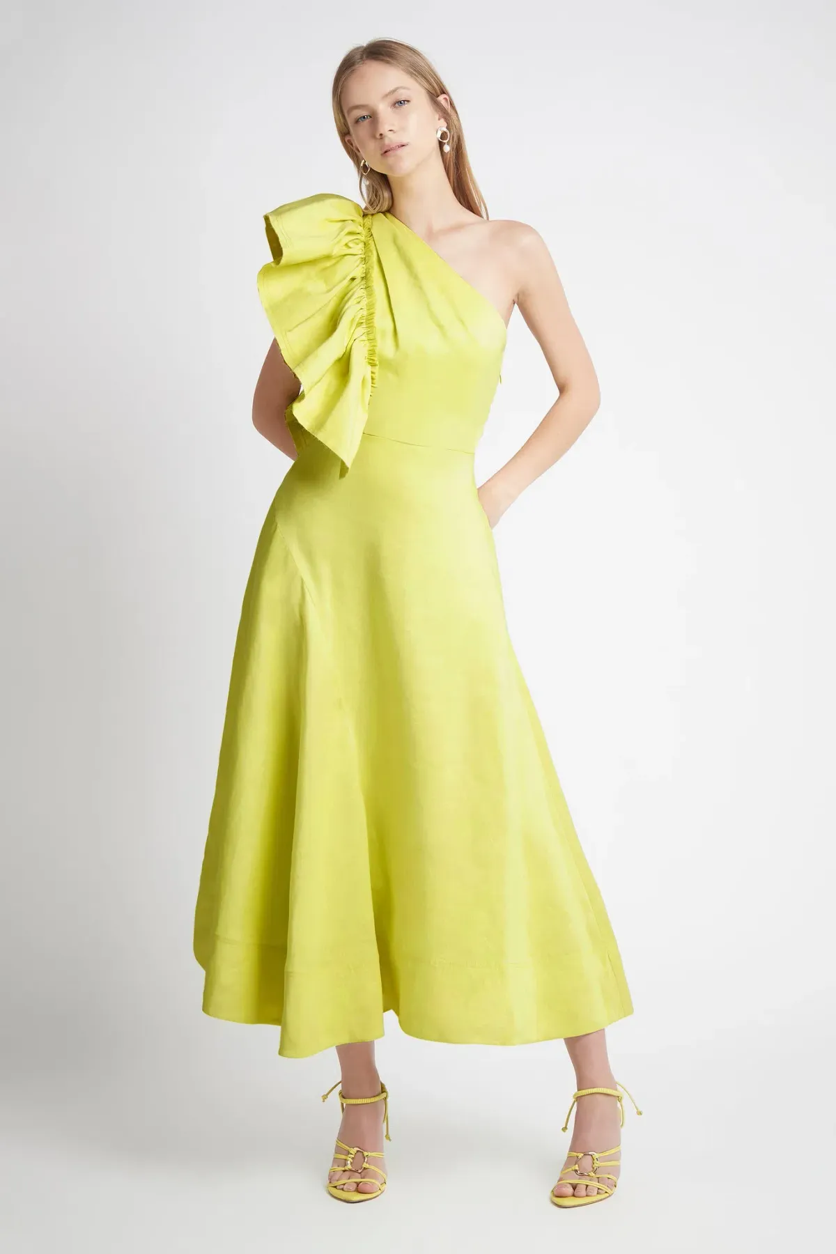 Aje Bonjour Asymmetric Midi Dress Lime Green Size 12 for rent on The Volte - main image