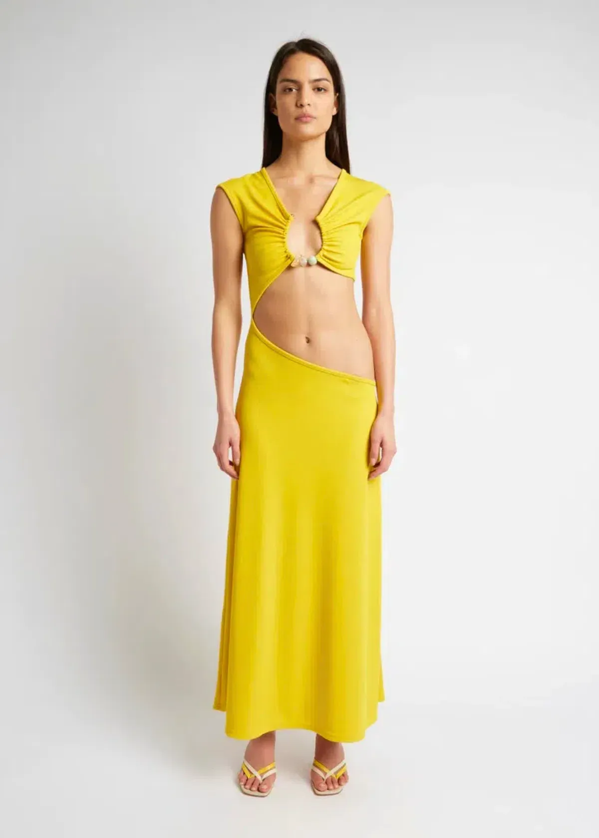 Christopher Esber Quartz Disconnect Torso Cap Sleeve Dress Yellow Size 10 - Image 3