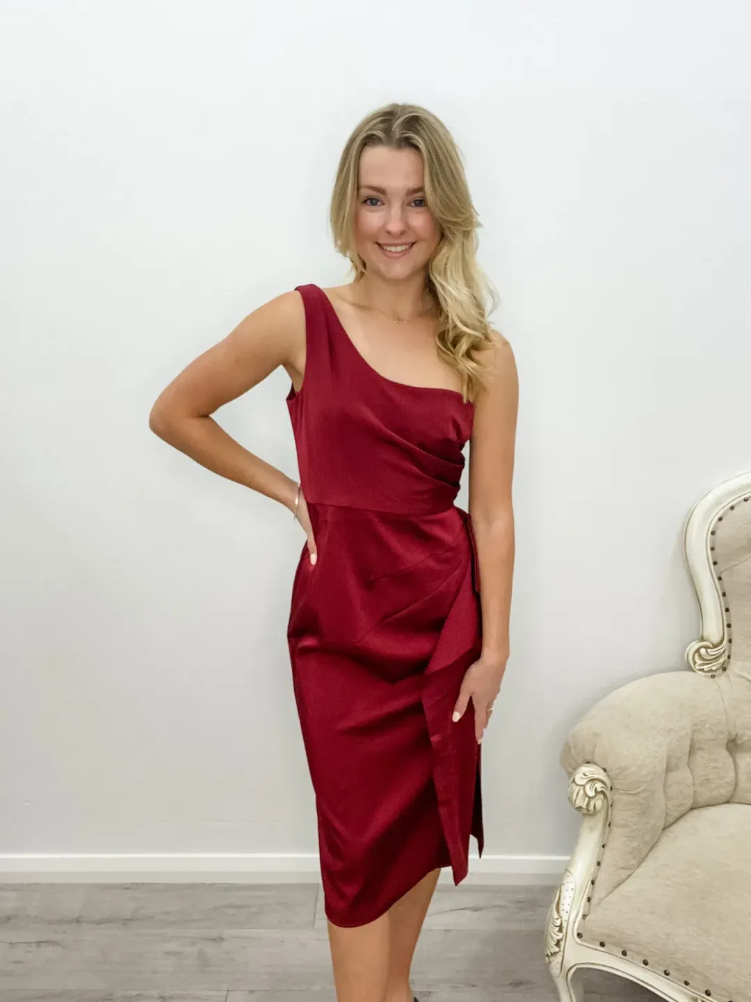 Bariano Selena One Shoulder Drape Dress Red Size 14 for rent on The Volte - main image