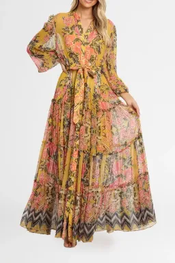 Hemant & Nandita Nova Tiered Maxi Multi Mustard Print Yellow Size 12 for rent on The Volte - image 1