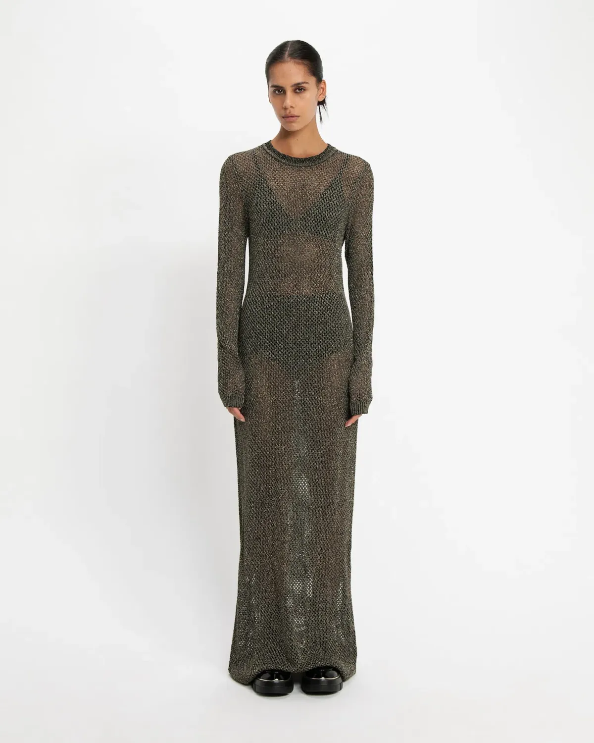Cue Lurex Crochet Maxi Dress Gunmetal Size 8 for rent on The Volte - main image