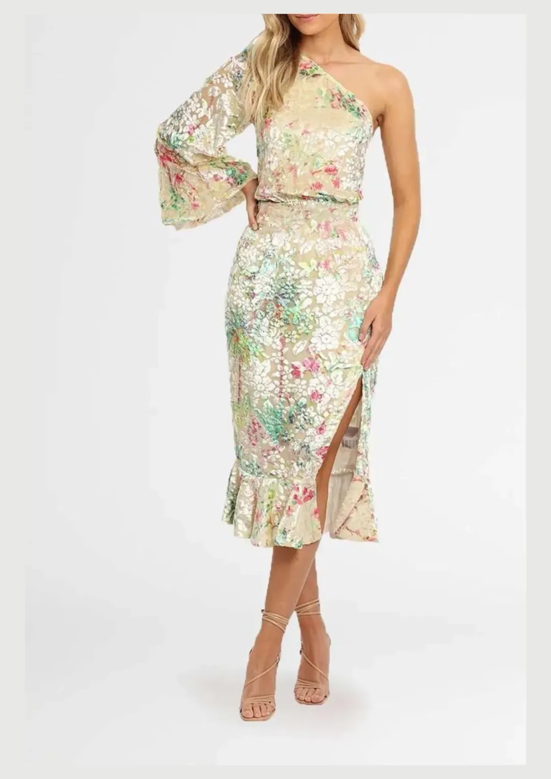 Hemant & Nandita Zaina Midi Dress Cream Multi Floral Size 14 for rent on The Volte - main image